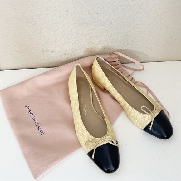 Stuart Weitzman Sleek Bow rounded toe black ballet Flats with natural raffia 8.5 - Picture 5 of 17